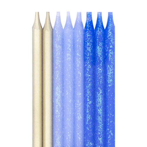 Blue Glitter & Gold Cake Candles 16 Pack