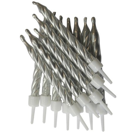 Silver Cake Candles With Holders - 12 Pack