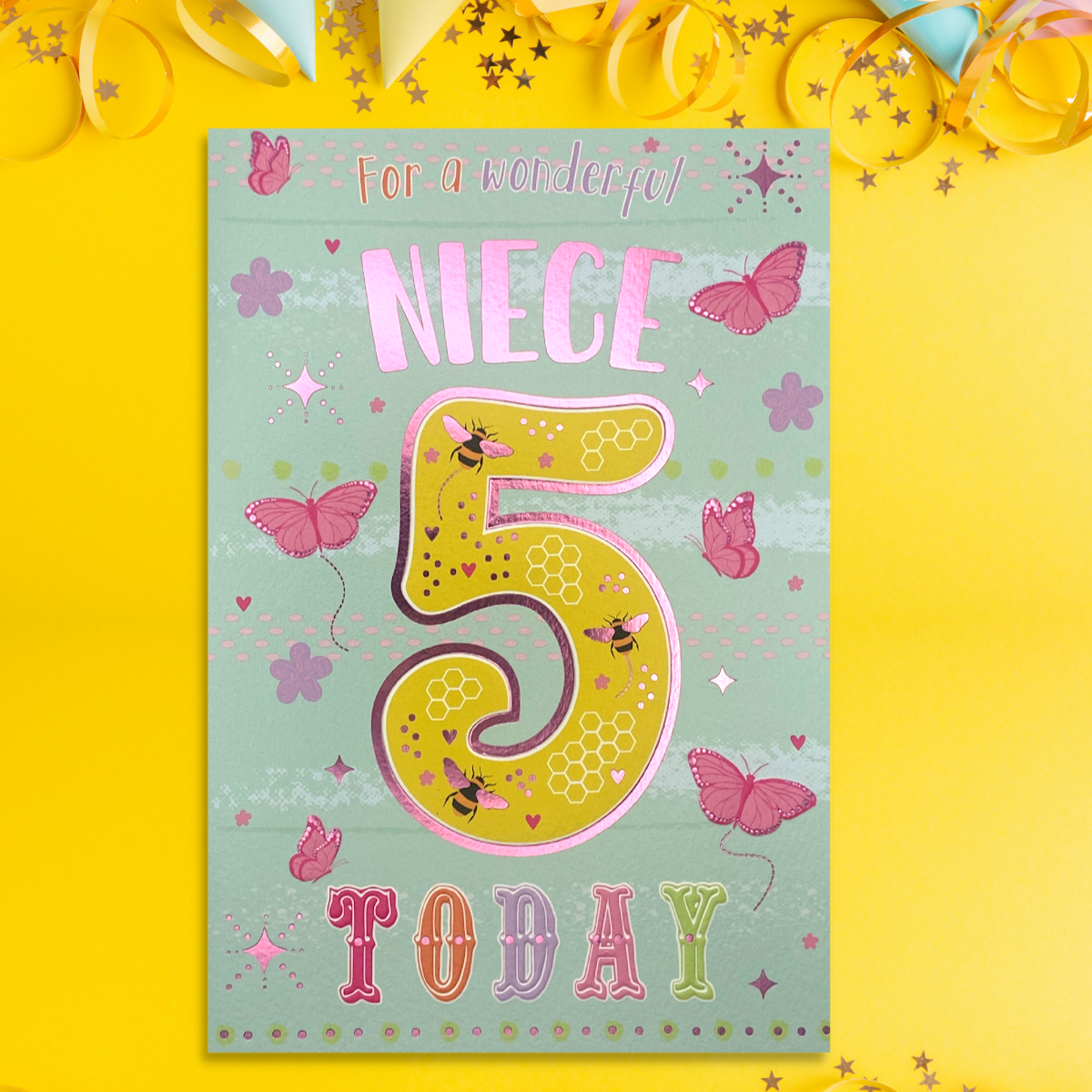 aqua and pink theme card with butterflies and bumblebees