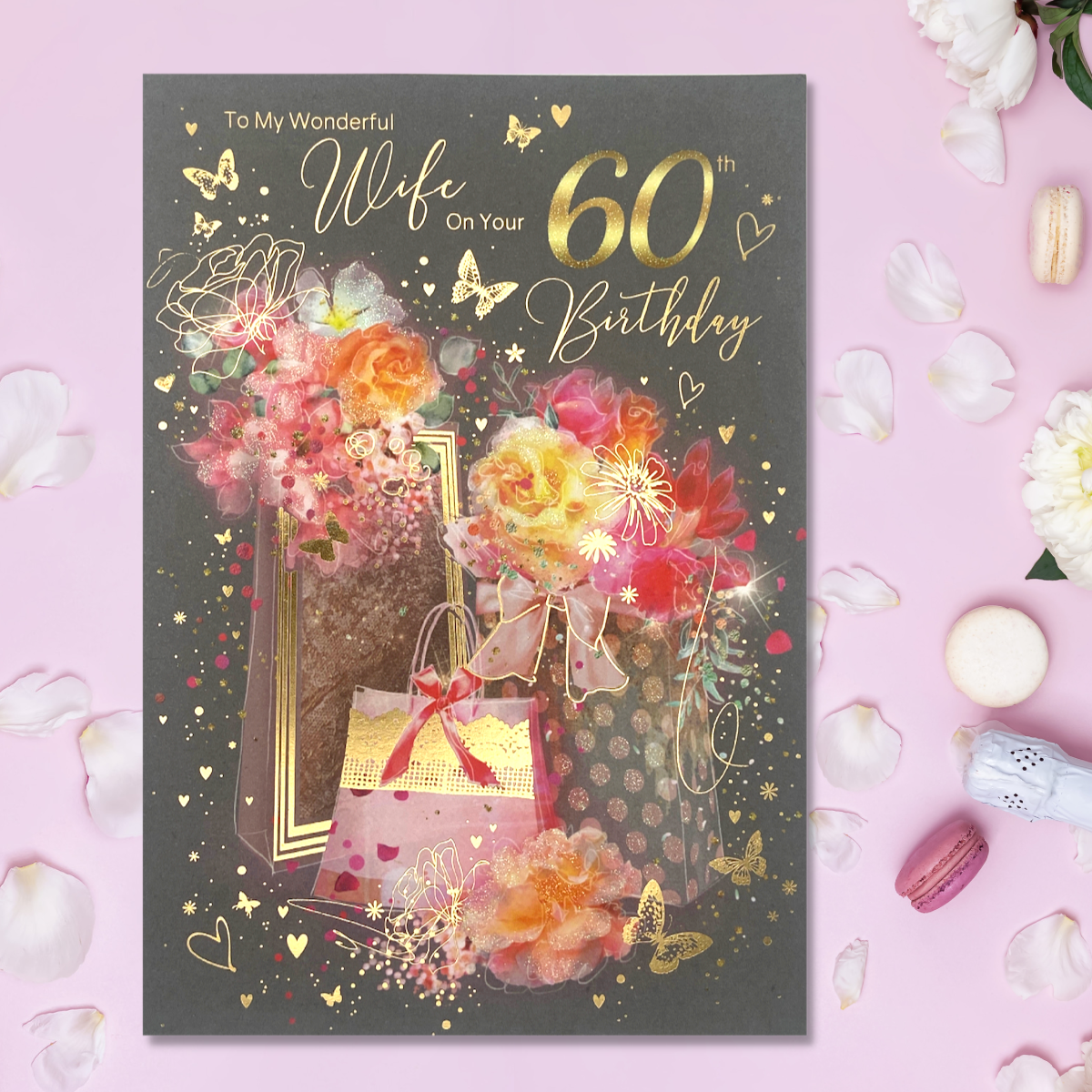 front image with gifts, flowers and butterflies