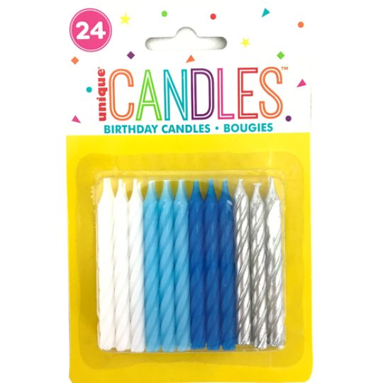 Blue Silver & White Cake Candles 24 Pack