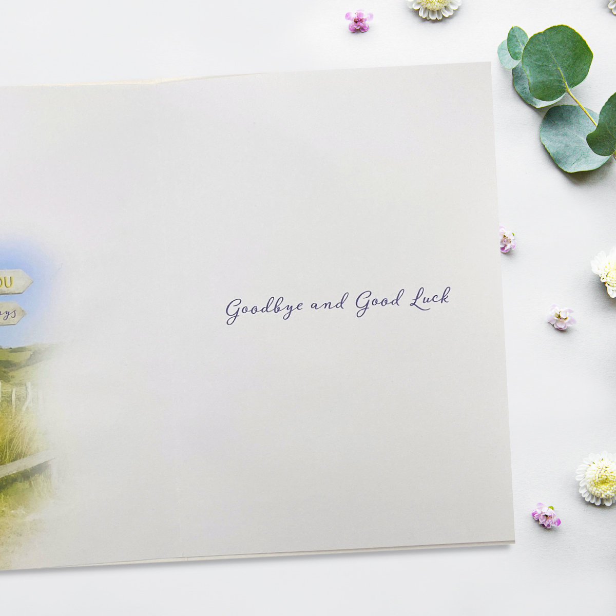 inside image showing two pages of colour print and greeting