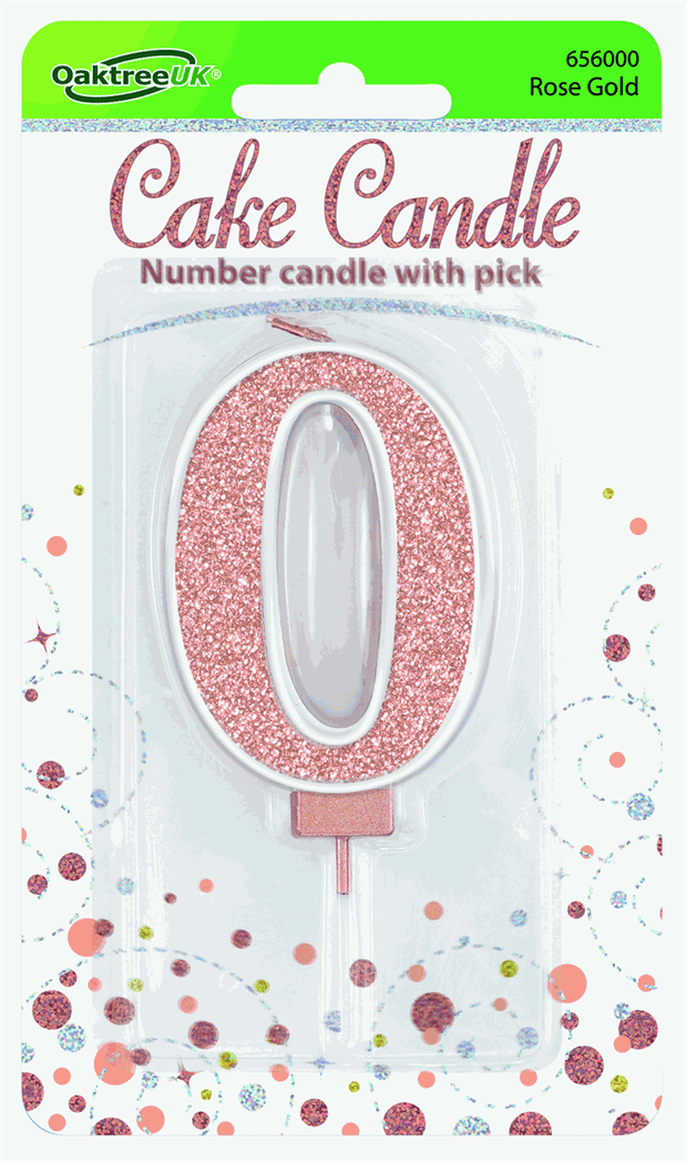 Rose Gold Glitter Cake Candle - Number 0