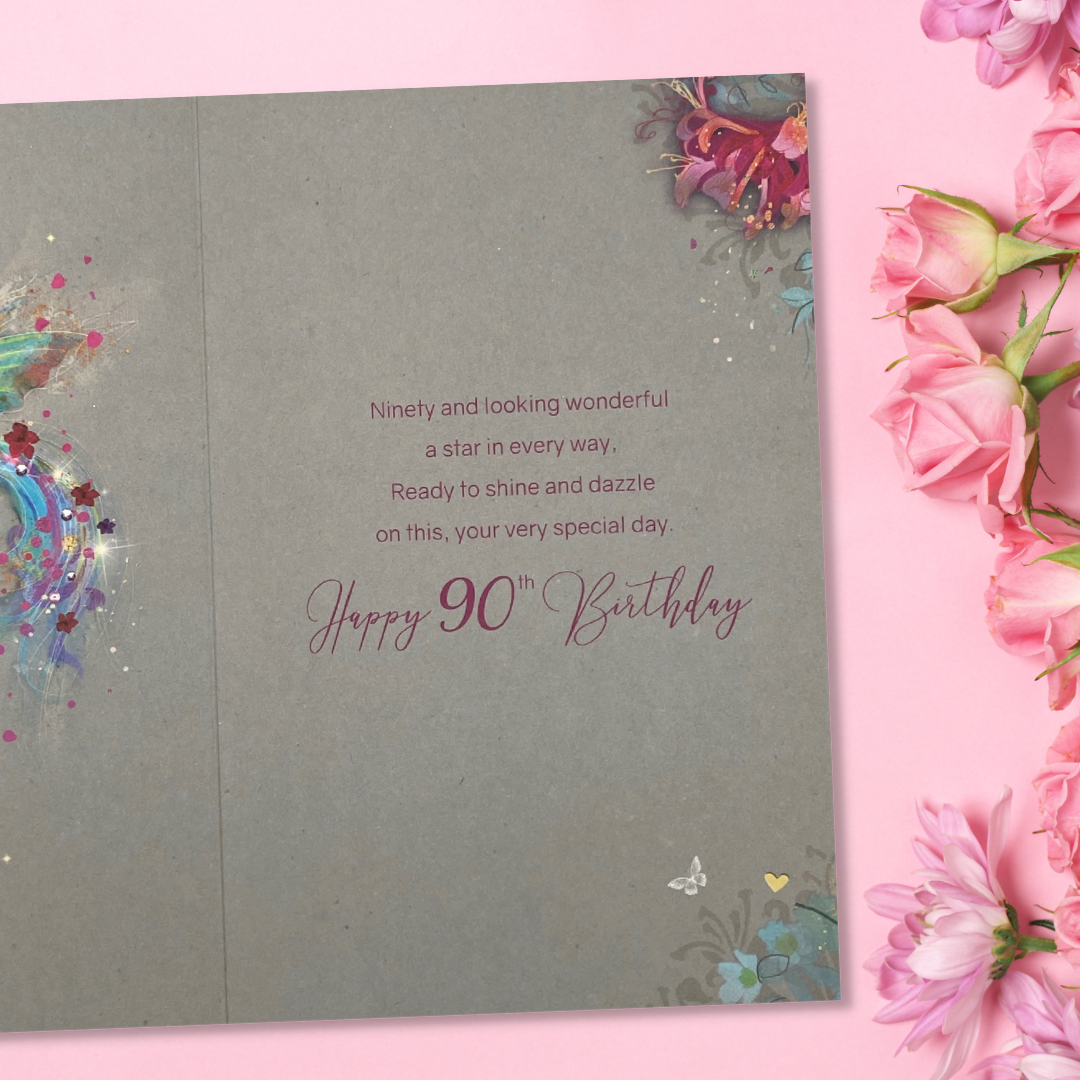 90th Birthday Card - Grace Hummingbird & Flowers