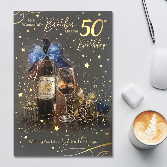 Brother 50th Birthday Card - Grayson Red Wine & Gifts