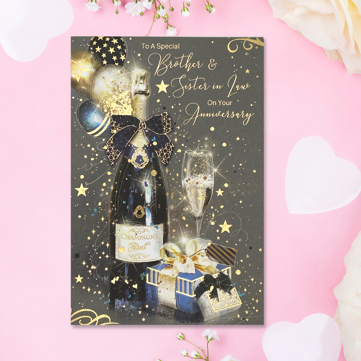 Brother & Sister-In-Law Wedding Anniversary Card - Grace Champagne & Flutes