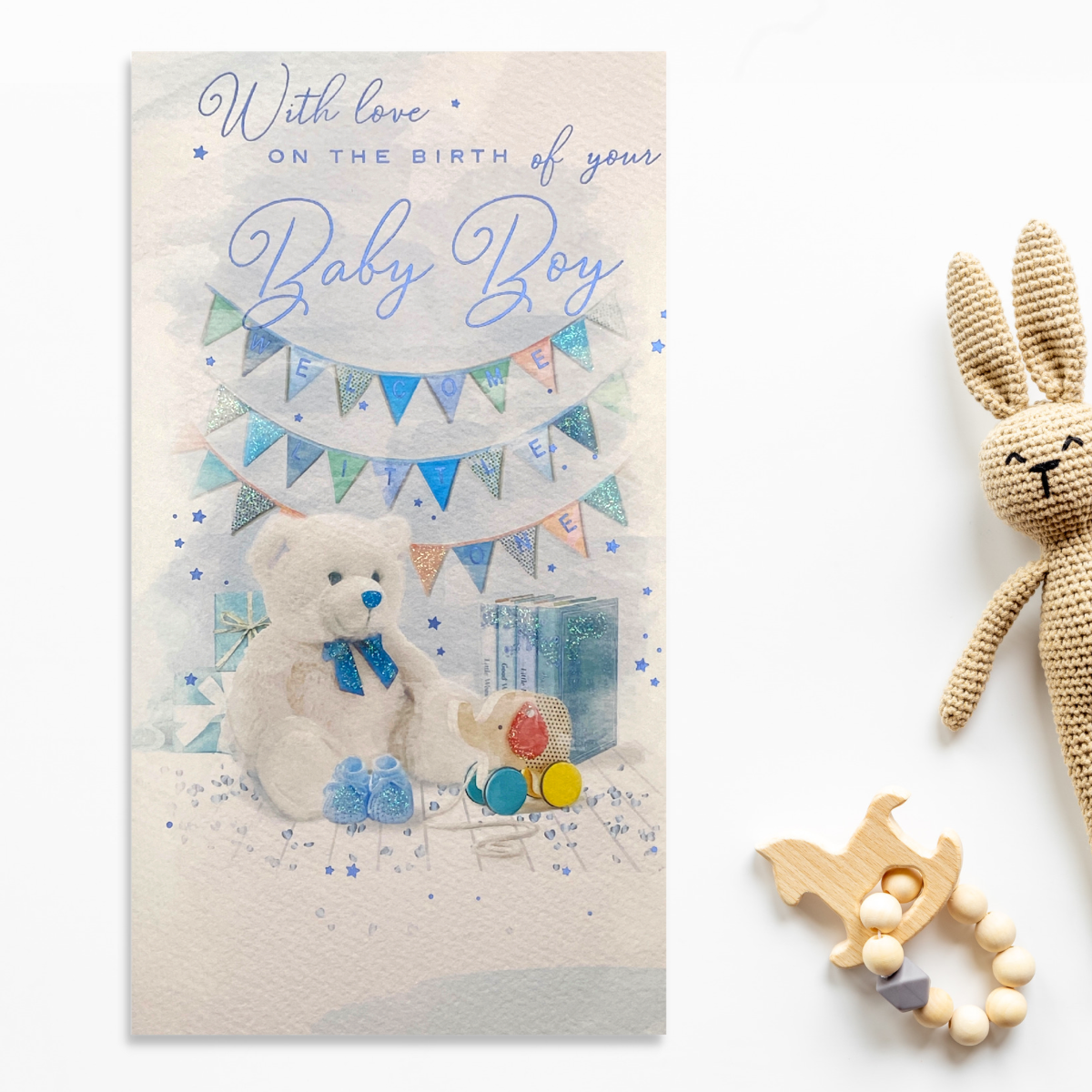 Baby Boy Card - Brighstone White Teddy & Bunting