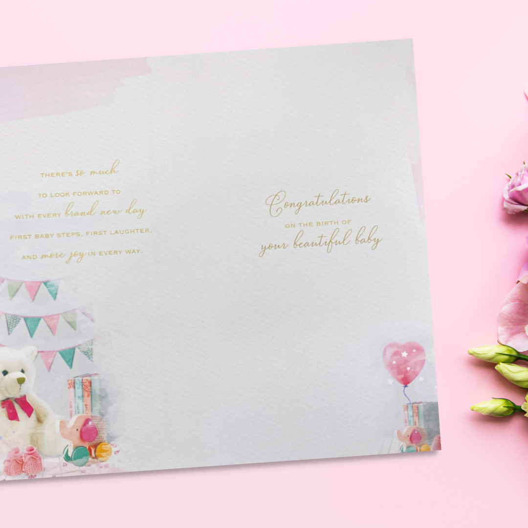 Baby Girl Card - Brighstone Bunting & Teddy Bear