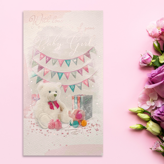 Baby Girl Card - Brighstone Bunting & Teddy Bear