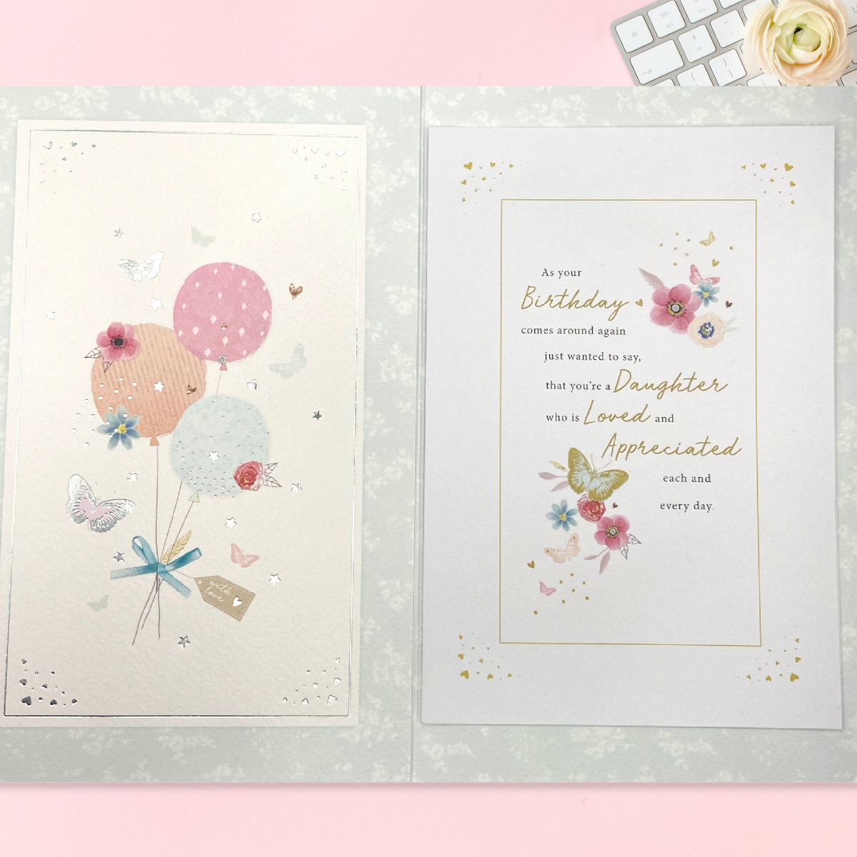Daughter Birthday Card - Butterflies & Balloons Large