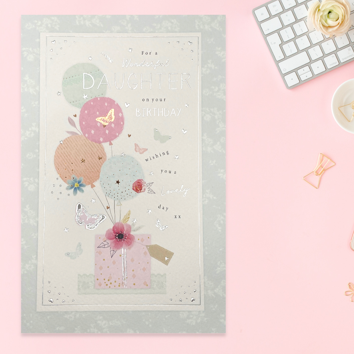 Daughter Birthday Card - Butterflies & Balloons Large