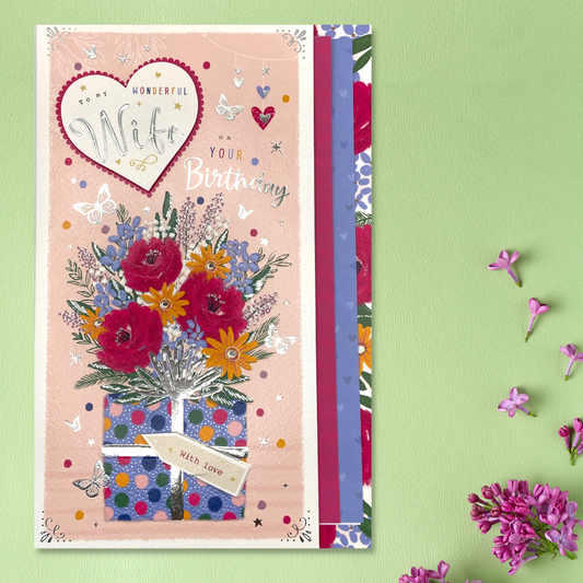 Wife Birthday Card - Pavillion Decoupage Large Gift & Flowers