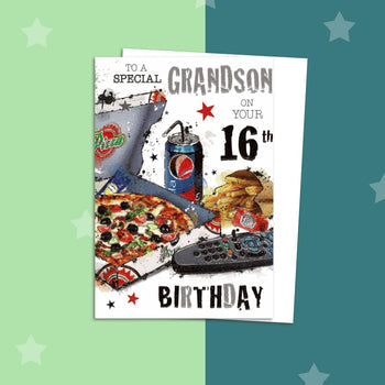 Grandson 16th Birthday Card - Graffix Pizza & Chips