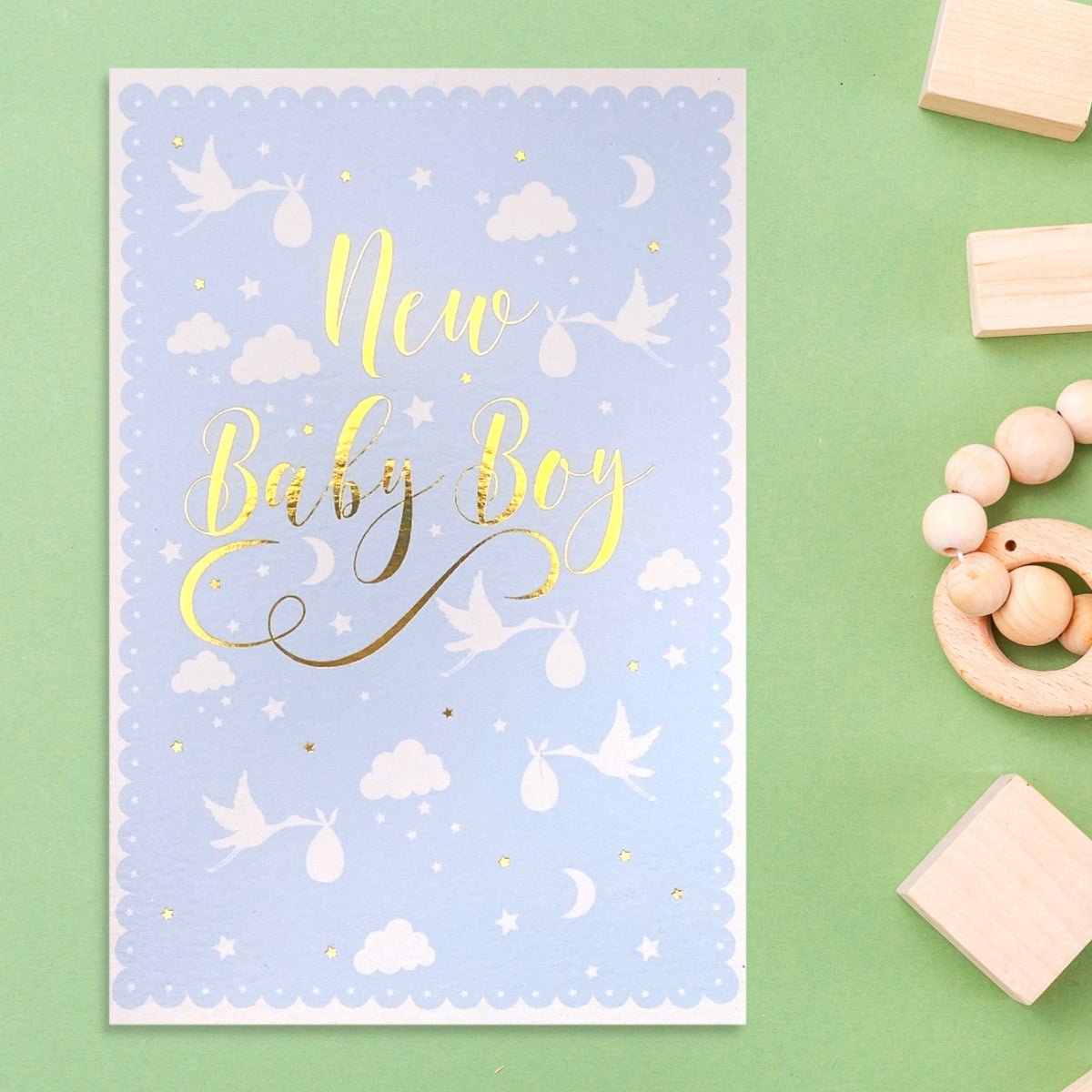 Baby Boy Card - Au Naturel Blue Storks