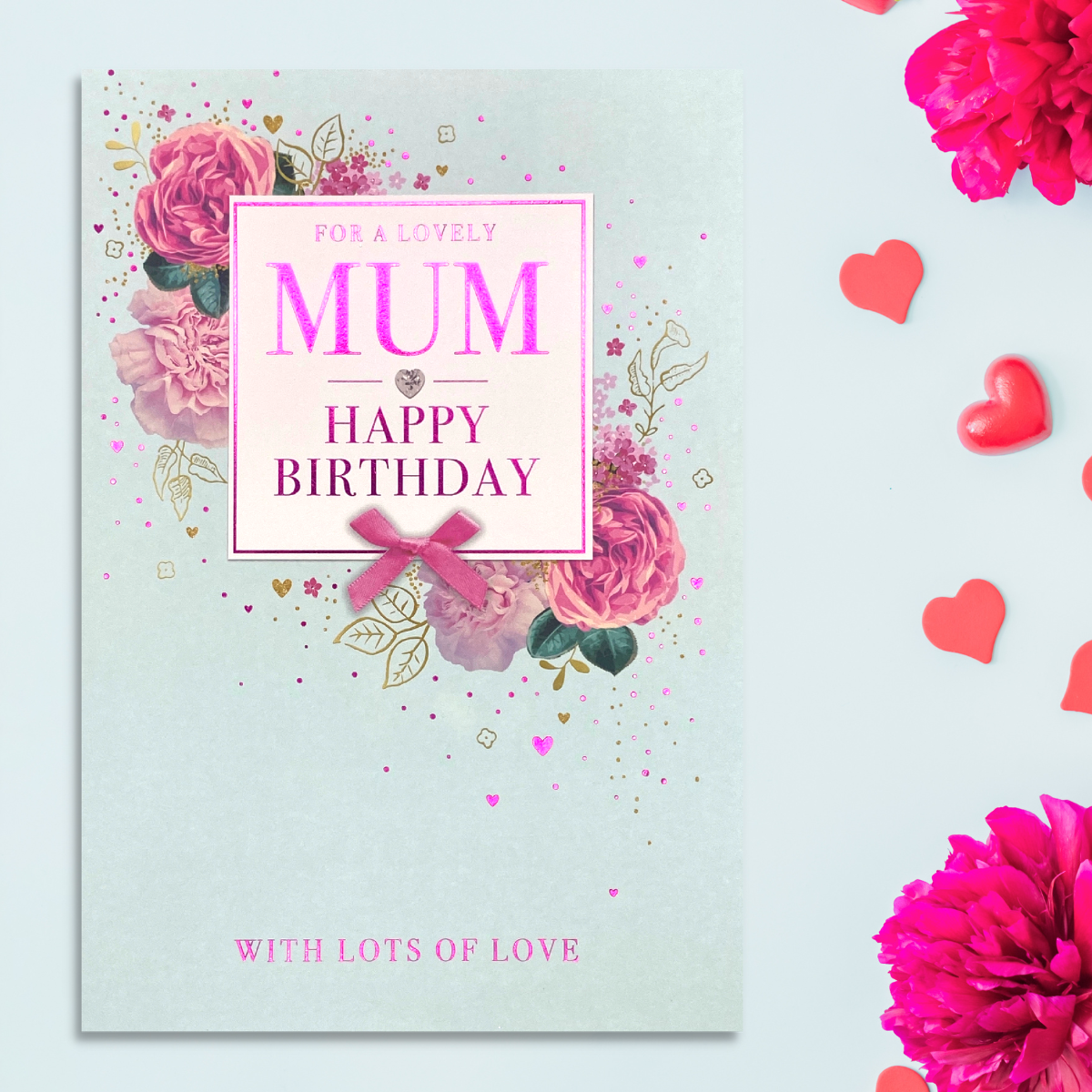 Mum Birthday Card - Pink Roses & Ribbon