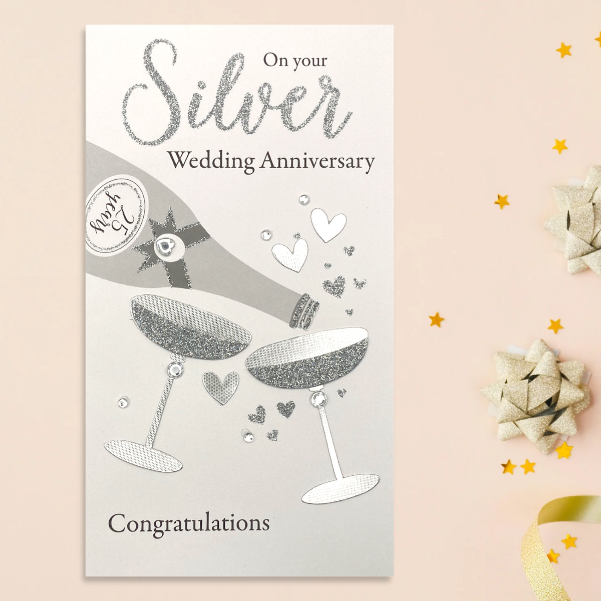 Silver Wedding Anniversary Card - 25th Champagne Embellished