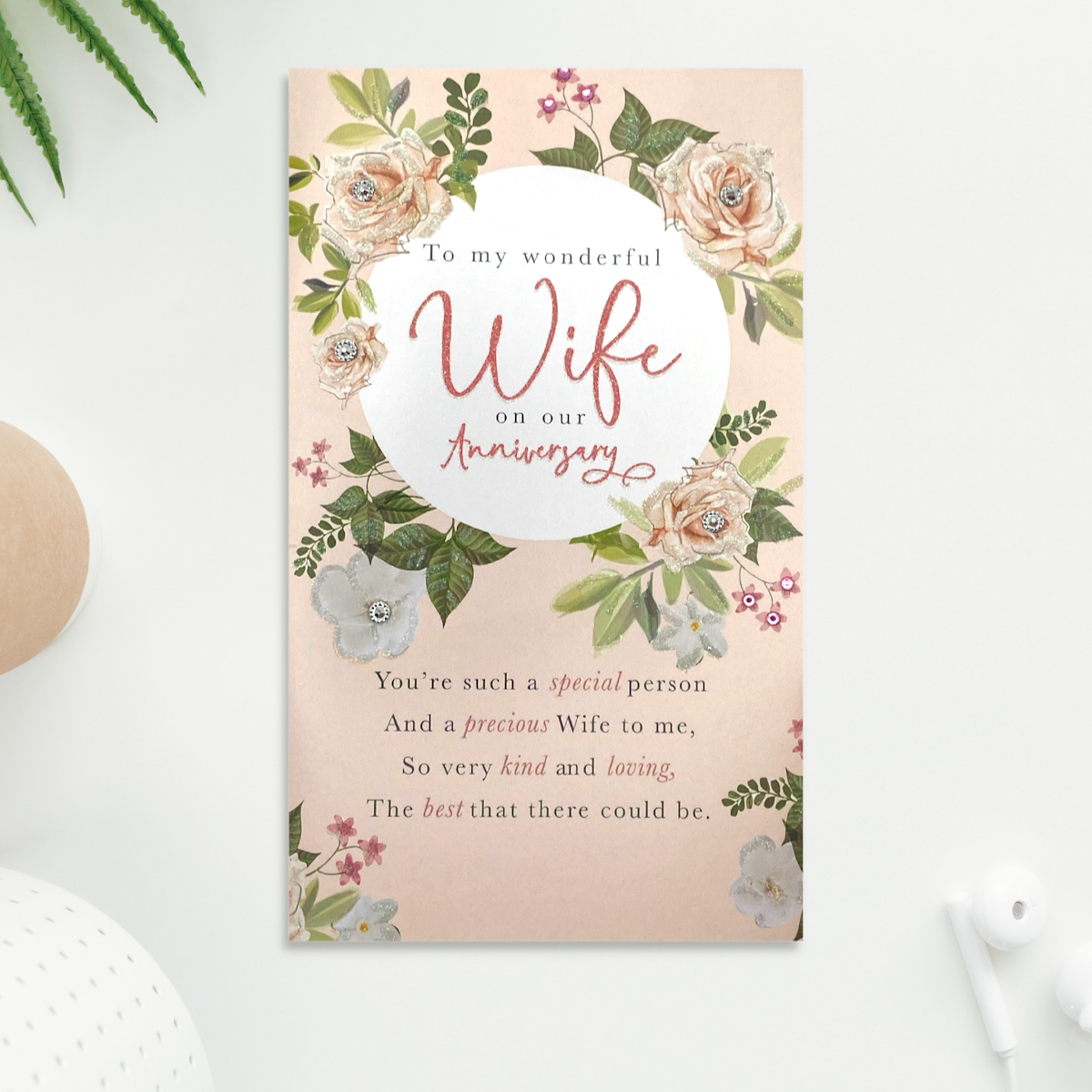 Wife Anniversary Card - Embellished Flowers