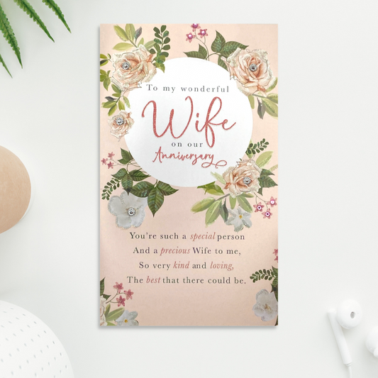 Wife Anniversary Card - Embellished Flowers