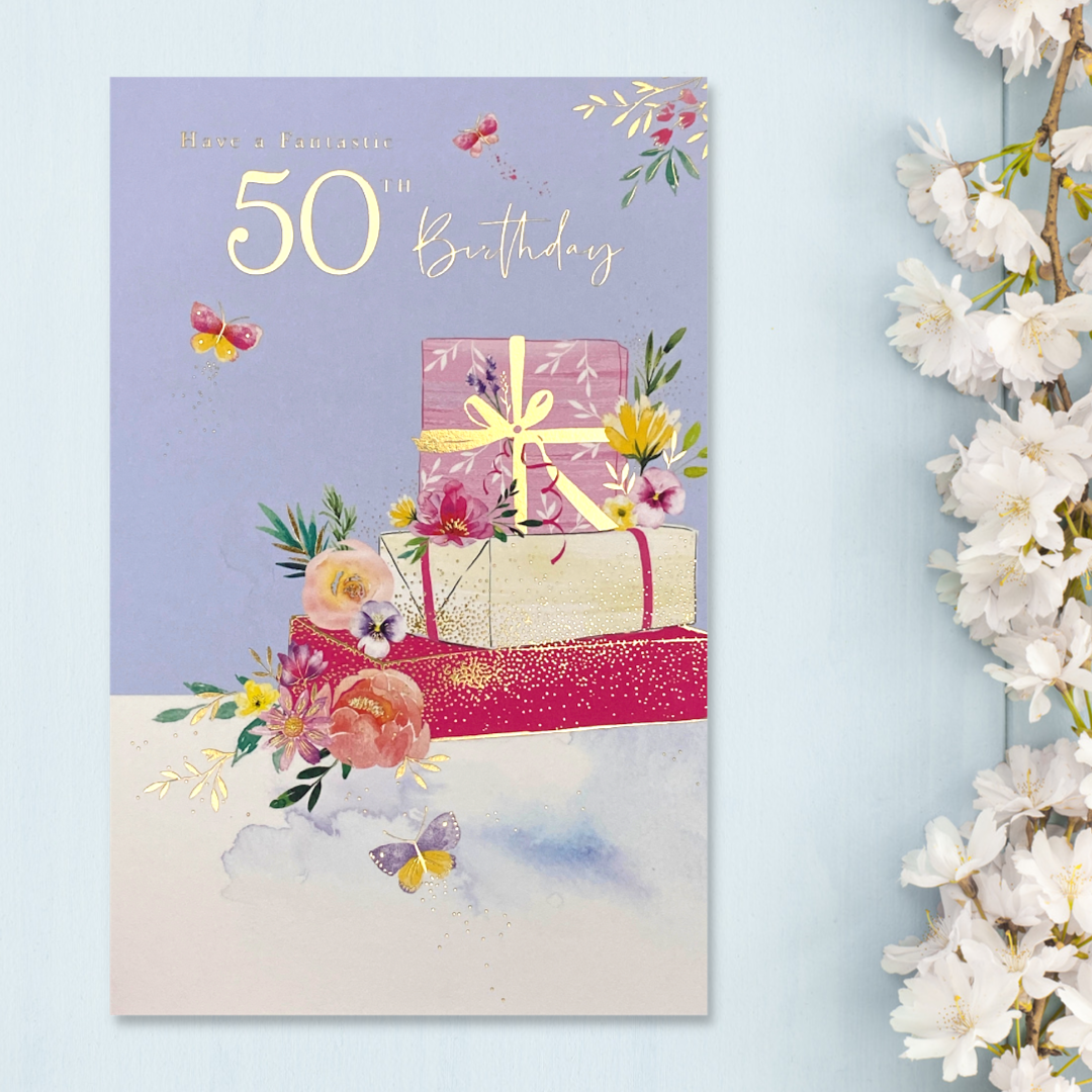 50th Birthday Card - Stacked Gifts & Butterflies
