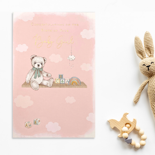Baby Girl Card - Cute Bear & ABC Blocks