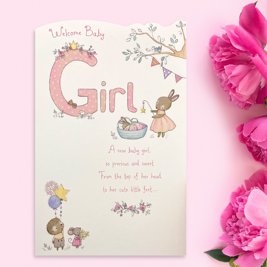 Baby Girl Card - Welcome Woodland Animals