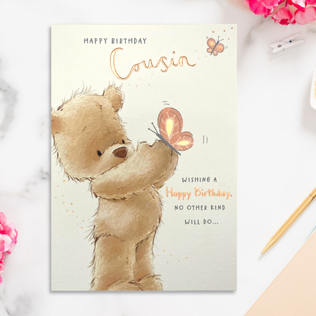 Cousin Birthday Card - Nutmeg Bear & Butterfly