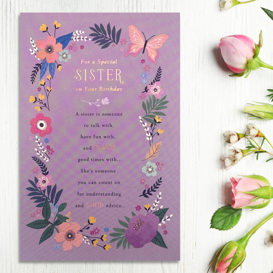 Sister Birthday Card - Thinking Of You Floral Border
