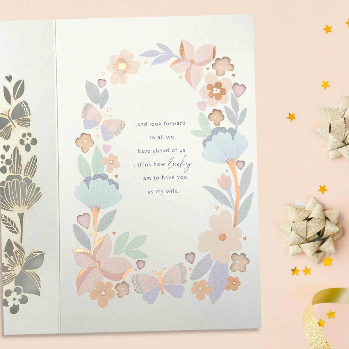Wife Silver Anniversary Card - 25th Filigree Flowers & Butterflies Large