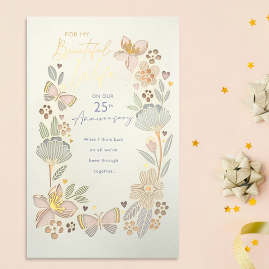 Wife Silver Anniversary Card - 25th Filigree Flowers & Butterflies Large
