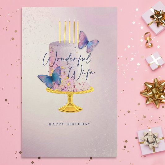 Wife Birthday Card - Butterflies, Cake & Candles