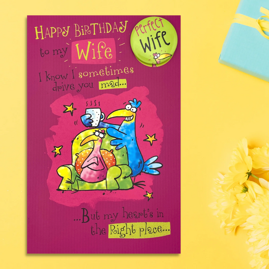 Wife Birthday Card - Cartoon With Badge