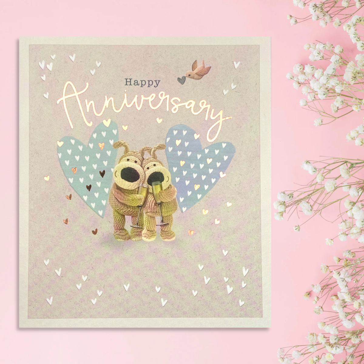 Happy Anniversary Card - Boofle Bear Twin Hearts