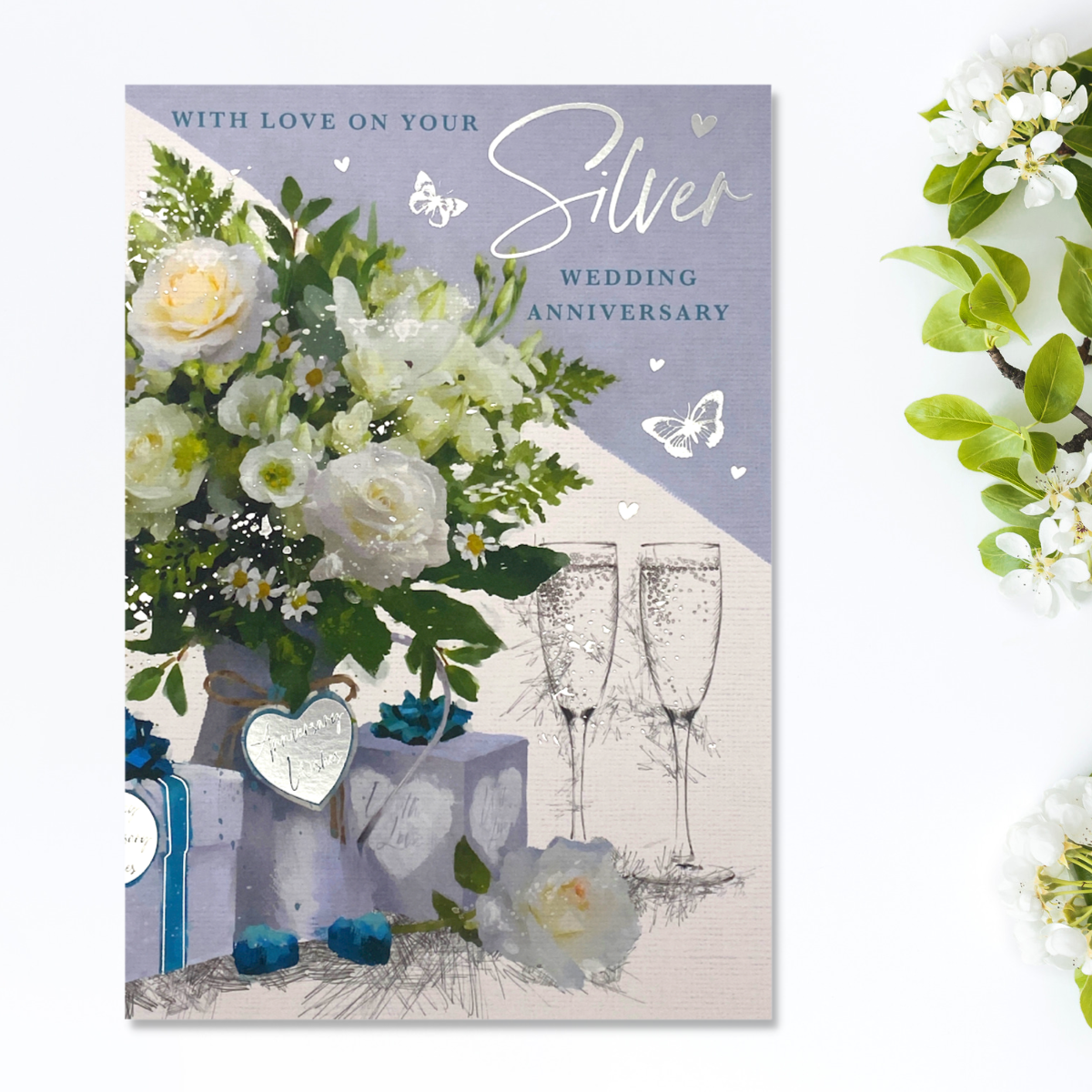 Silver Wedding Anniversary Card - 25th Heritage Rose Bouquet
