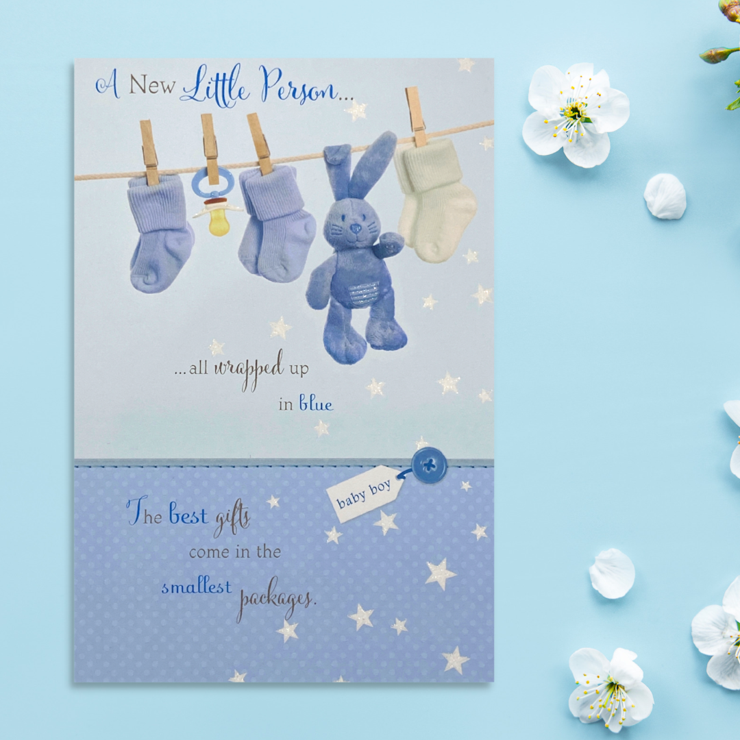 Baby Boy Card - New Little Person Bunny & Booties