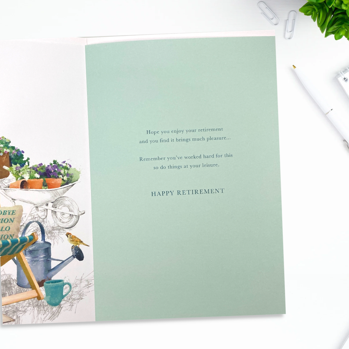 Retirement Card - Goodbye Tension Hello Pension Garden Scene