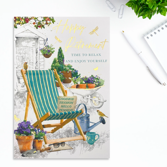 Retirement Card - Goodbye Tension Hello Pension Garden Scene