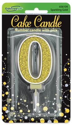 Black & Gold Glitter Cake Candle - Number 0