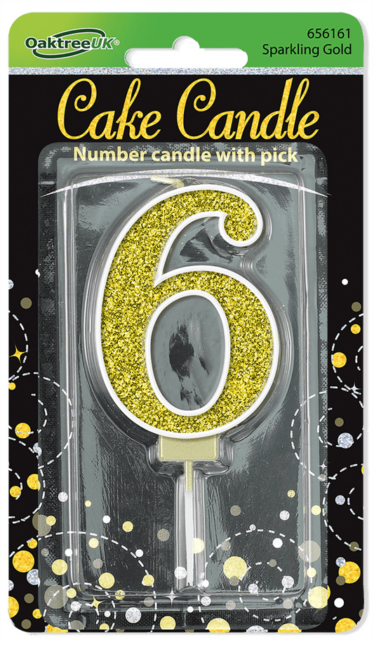 Black & Gold Glitter Candle - Number 6