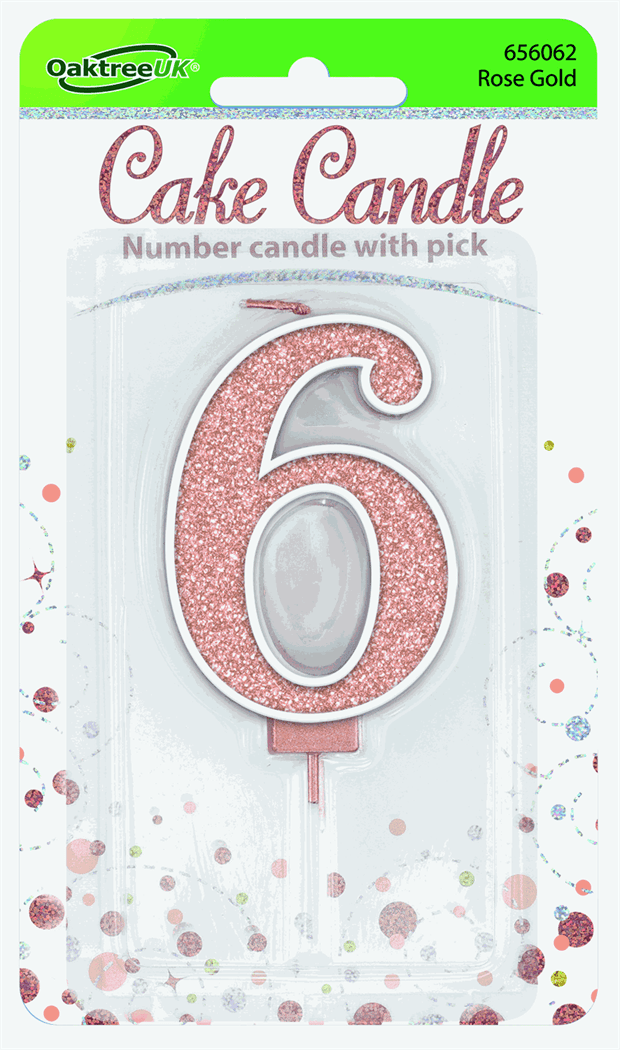 Rose Gold Glitter Cake Candle - Number 6