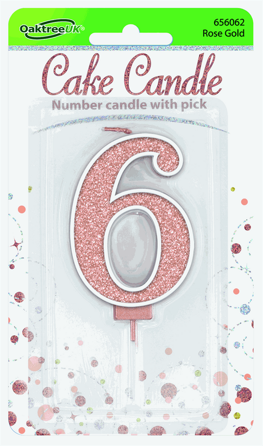 Rose Gold Glitter Candle - Number 6