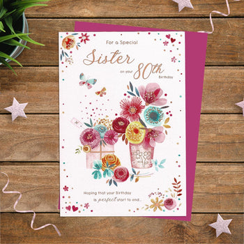 Sister 80th Birthday Card - Pot Plant & Gift