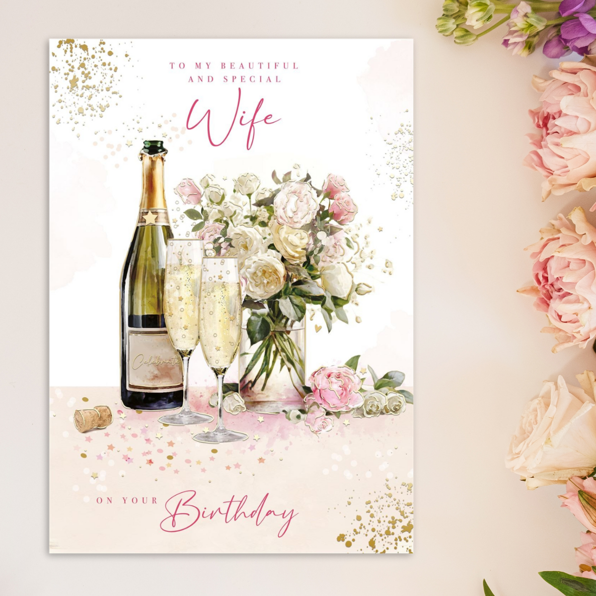 Wife Birthday Card - Large Floral Vase & Champagne
