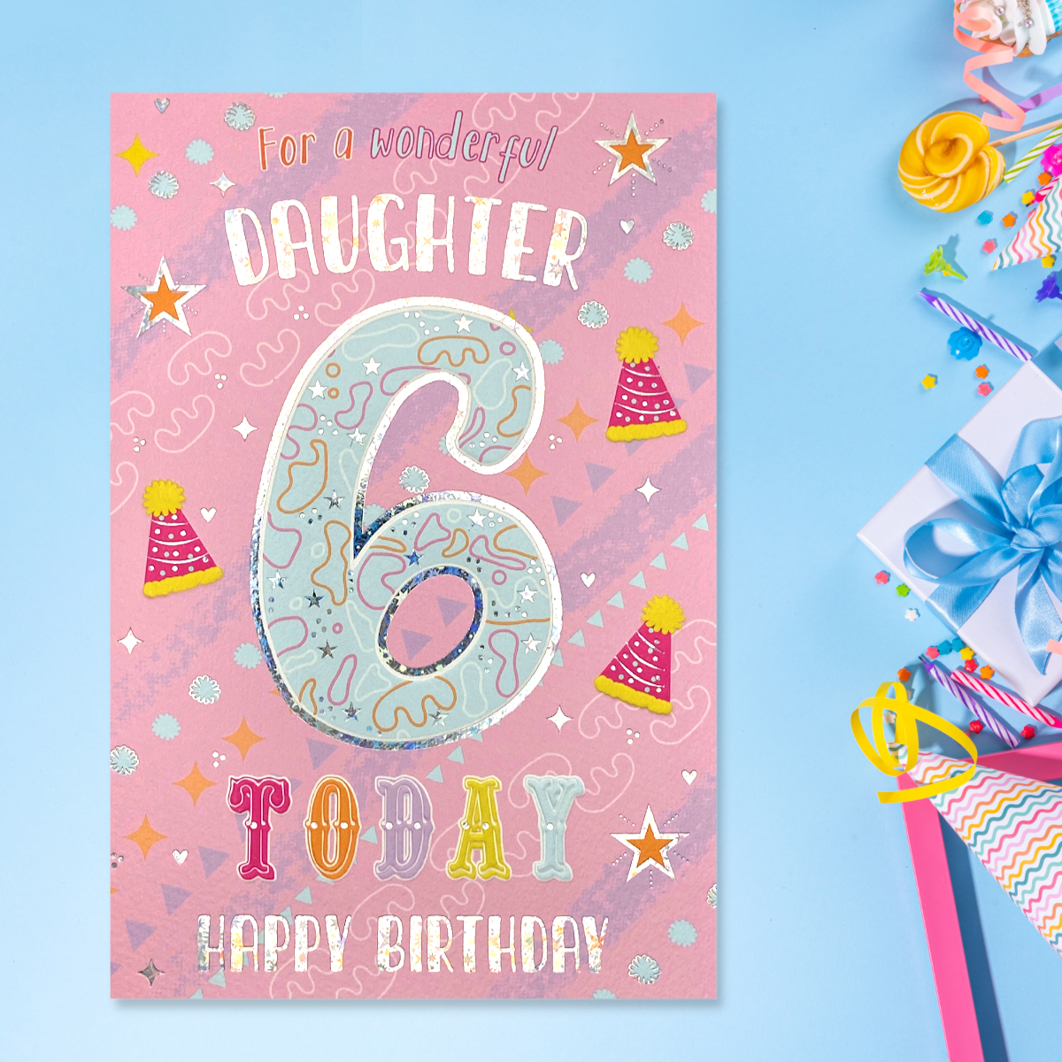 Daughter 6 front image with pink and purple design, party hats, stars and holographic details