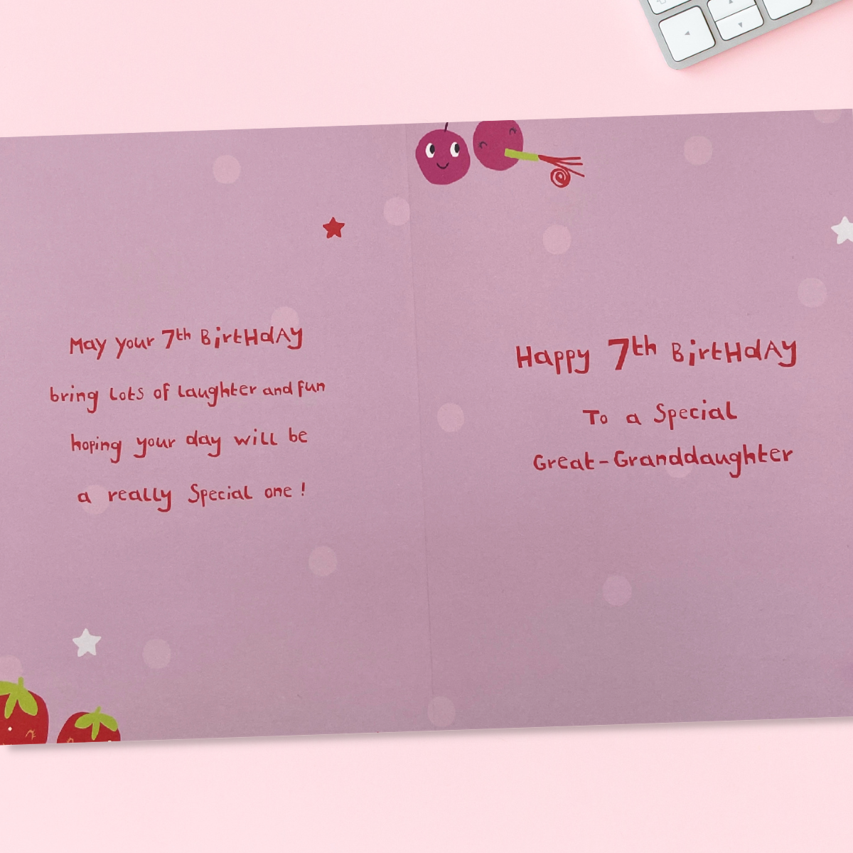 Inside image showing coloured background, red text and fruit graphics