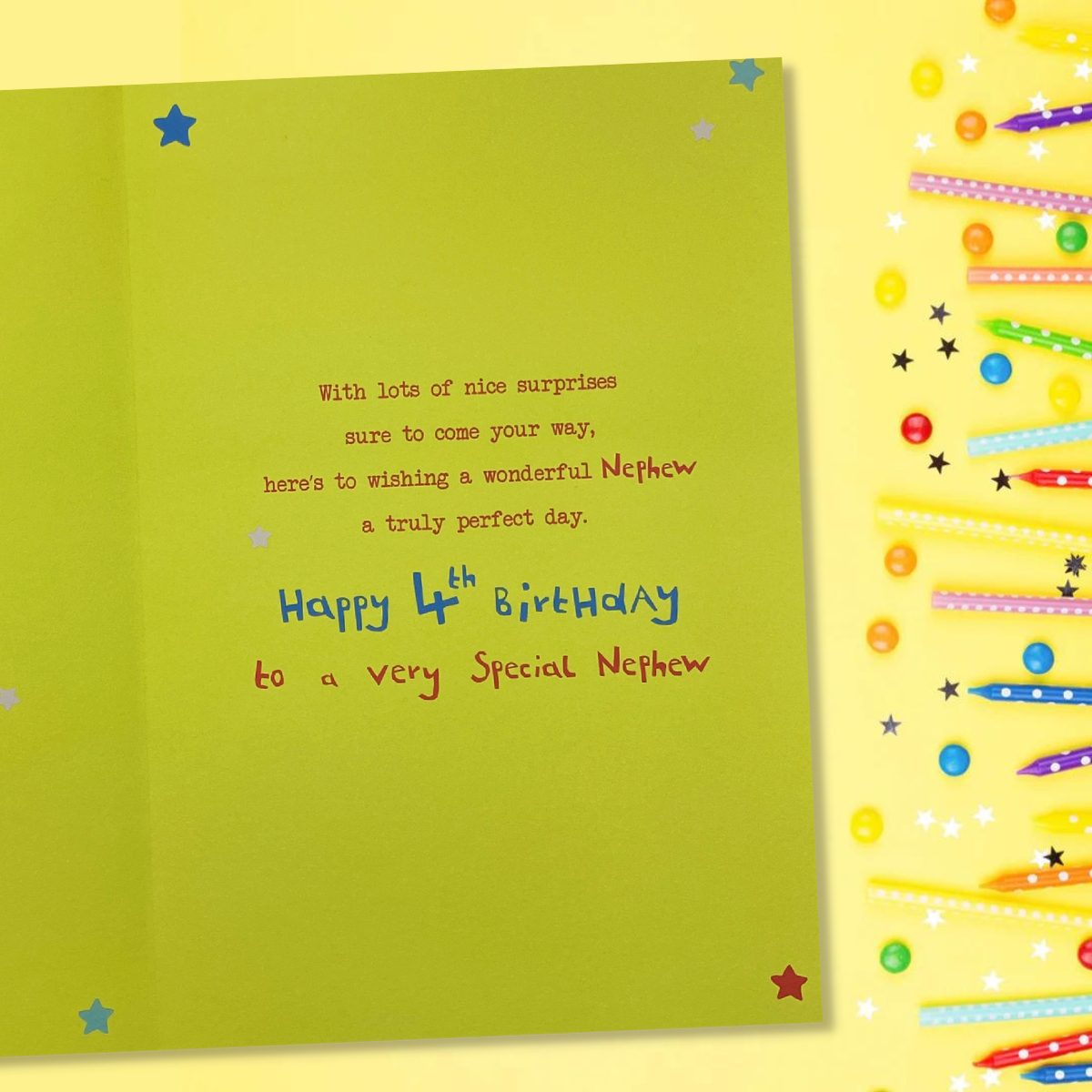 Lime green insert with colourful verse and star graphics