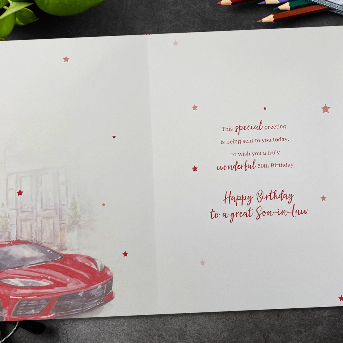 Son-In-Law 50th Birthday Card - Red Sports Car