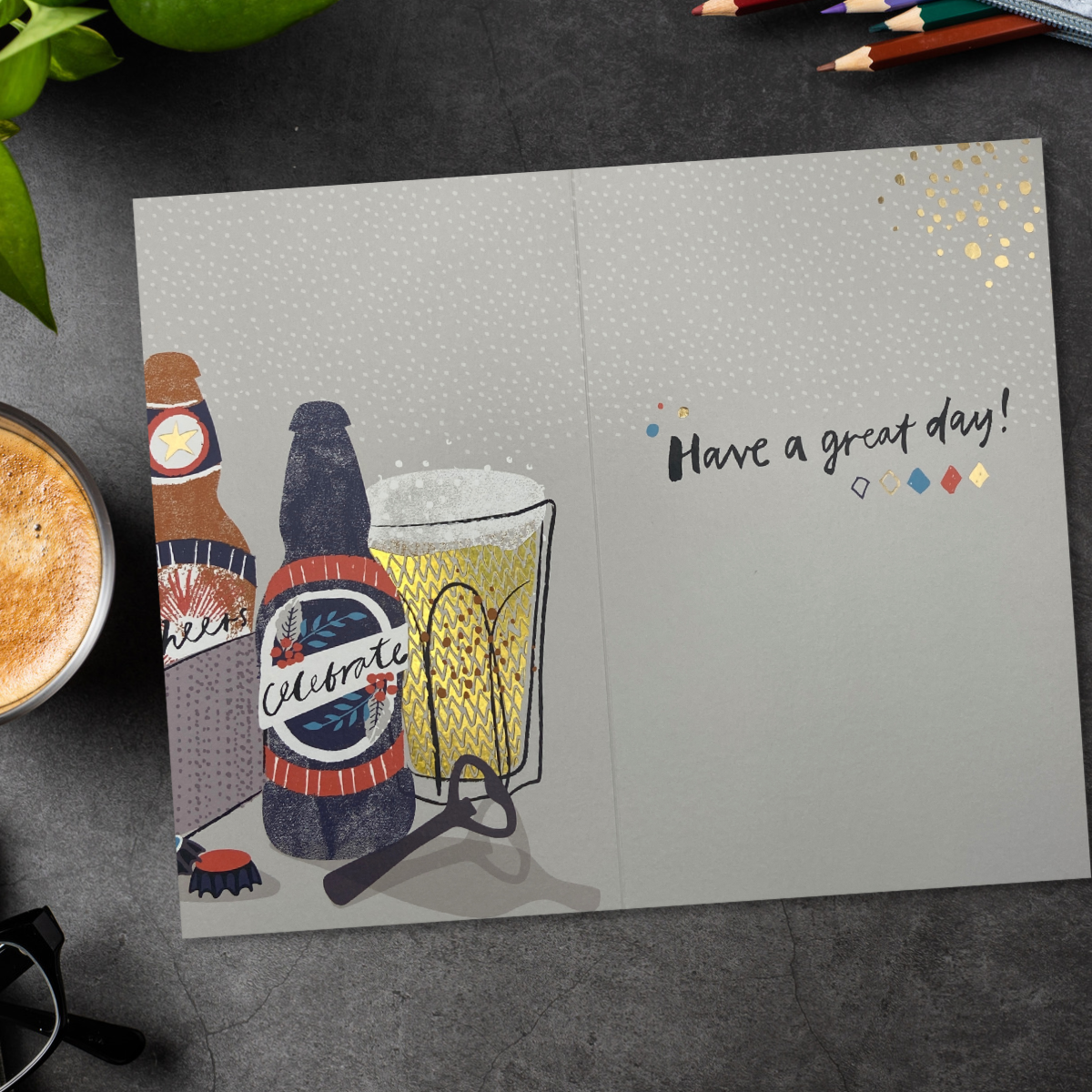 Inside image with continuing image of beers and gold foil details