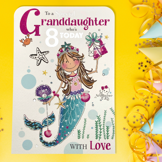 granddaughter age 8 card image with girl mermaid
