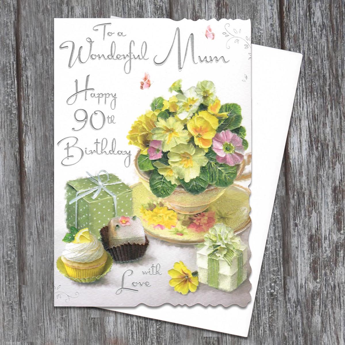 Mum Age 90 Birthday Card Alongside White Envelope