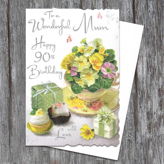 Mum Age 90 Birthday Card Alongside White Envelope